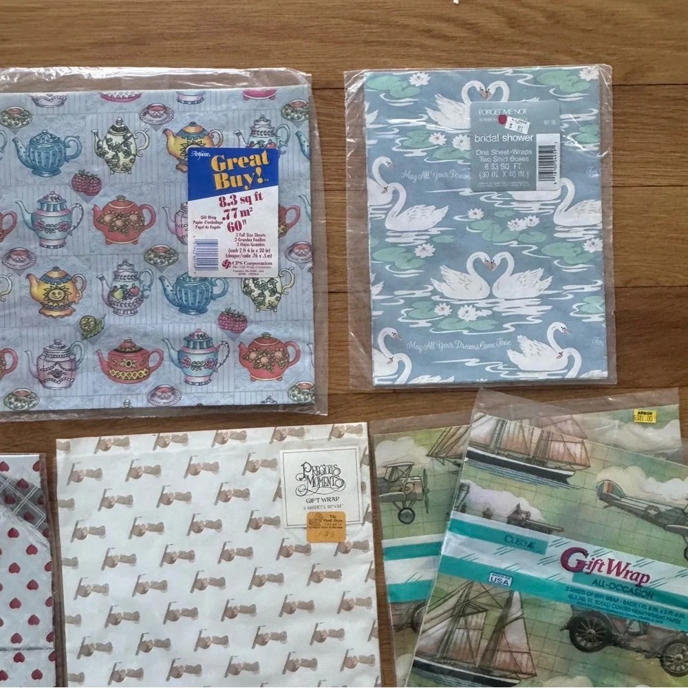 Vintage Gift Wrap Lot Assorted Designs Angels Swans Folk Art Sailboats Ephemera
